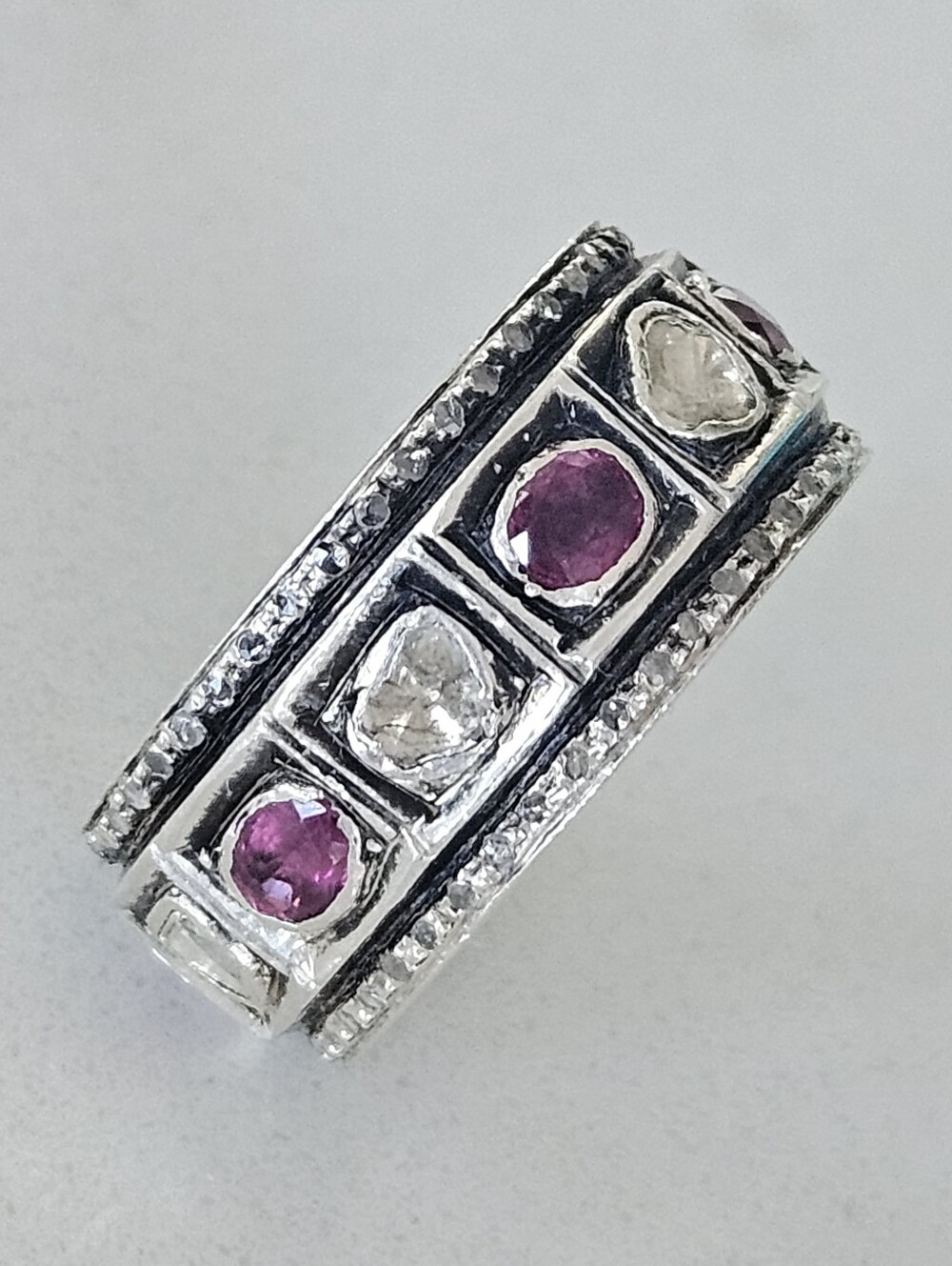 Vintage Modernist 9.7mm Natural Polki Diamond Ruby Statement Band Ring Ring - Picture 3 of 6